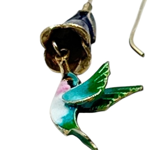 VINTAGE HUMMINGBIRD AND FLOWER Enameled 3D Dangle Drop Earrings - Picture 6 of 14